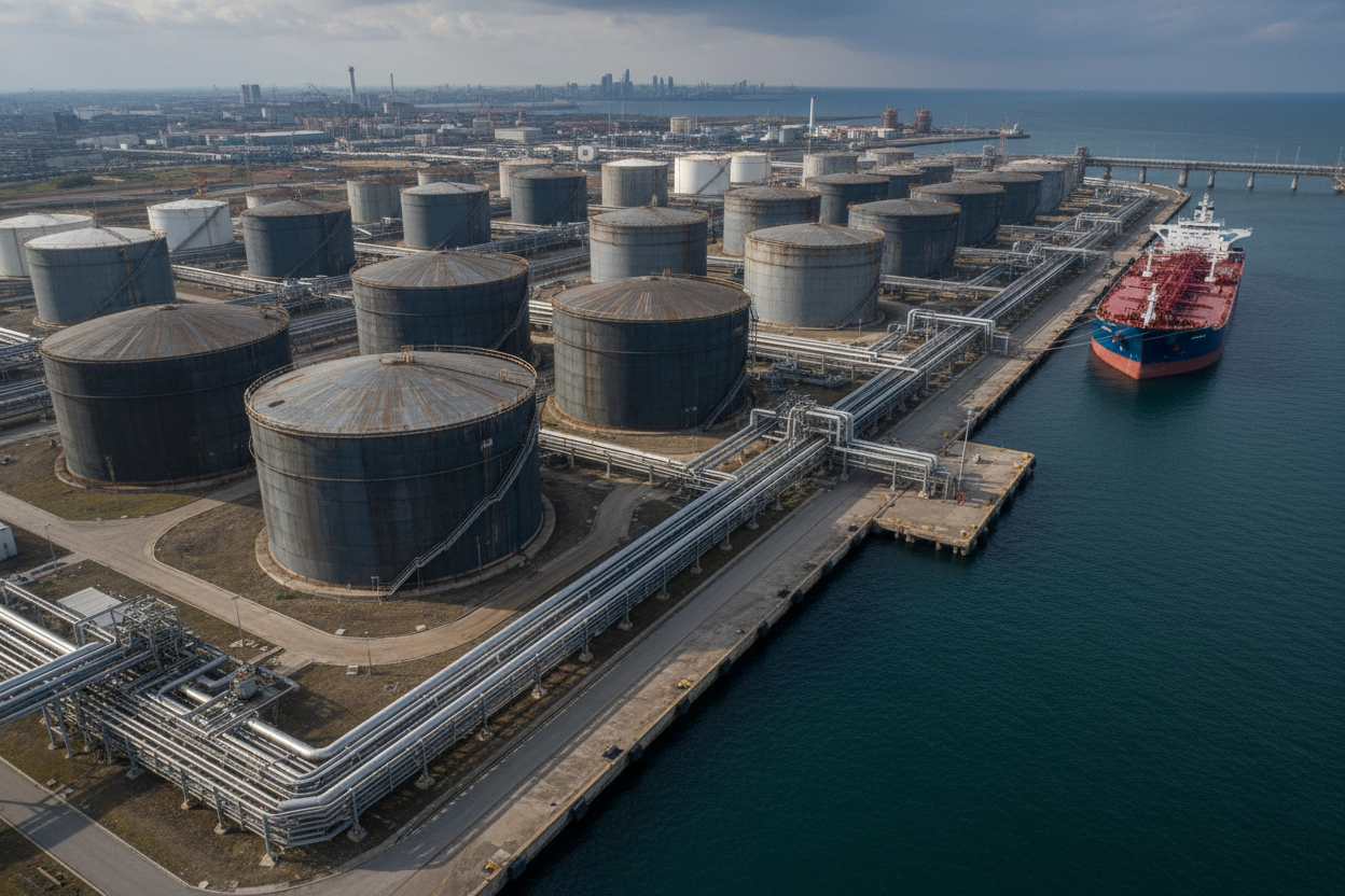 Professional heavy fuel oil terminal for D6 Virgin Fuel Oil at a major international seaport, large dark industrial storage tanks, extensive pipeline infrastructure, oil tanker vessel docked at a marine loading terminal, deep-water port, realistic industrial photography, premium corporate energy sector style, dramatic natural daylight, highly detailed, no people, no logos, no text, wide composition.