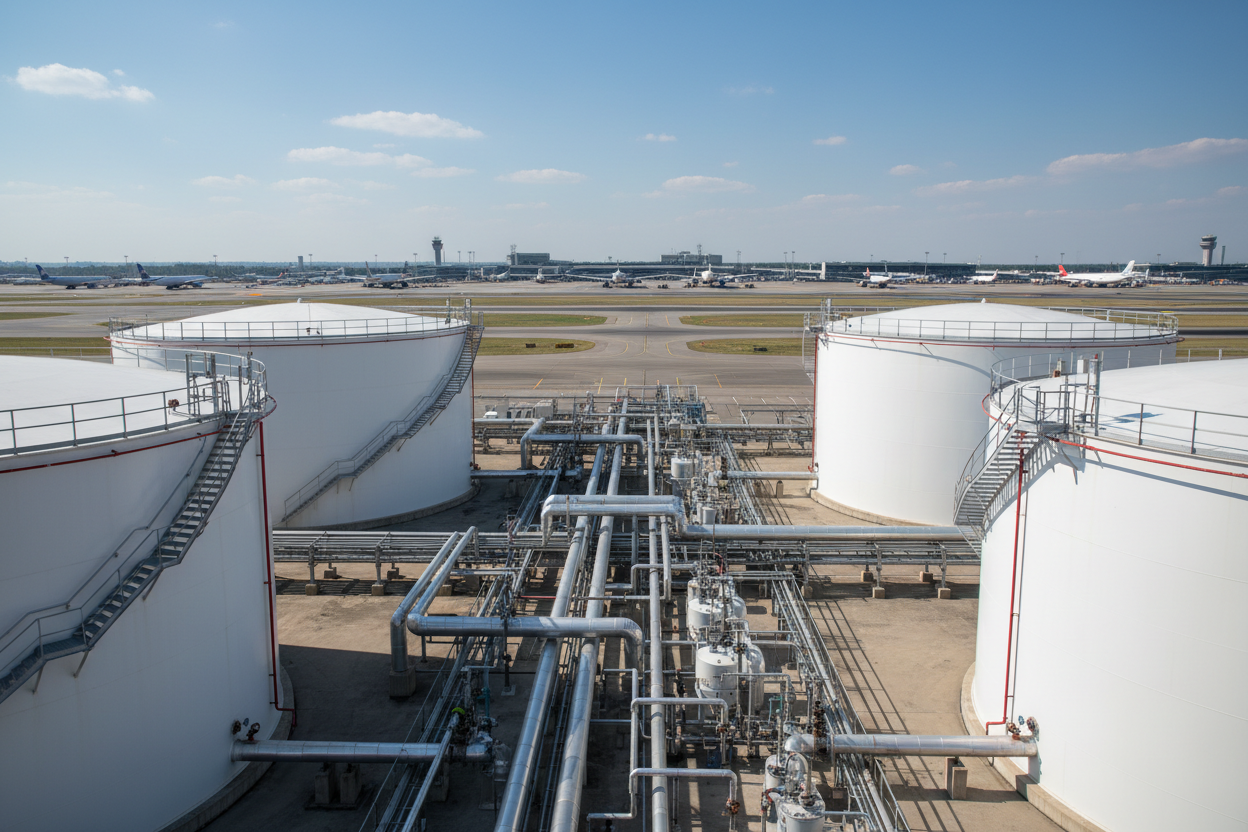 Professional Jet A-1 aviation fuel storage and logistics facility at a major international airport, large fuel storage tanks and pipeline infrastructure in the foreground, airport runway and commercial aircraft visible in the background, realistic industrial photography, premium corporate energy sector style, natural daylight, highly detailed, no people, no logos, no text, wide composition.