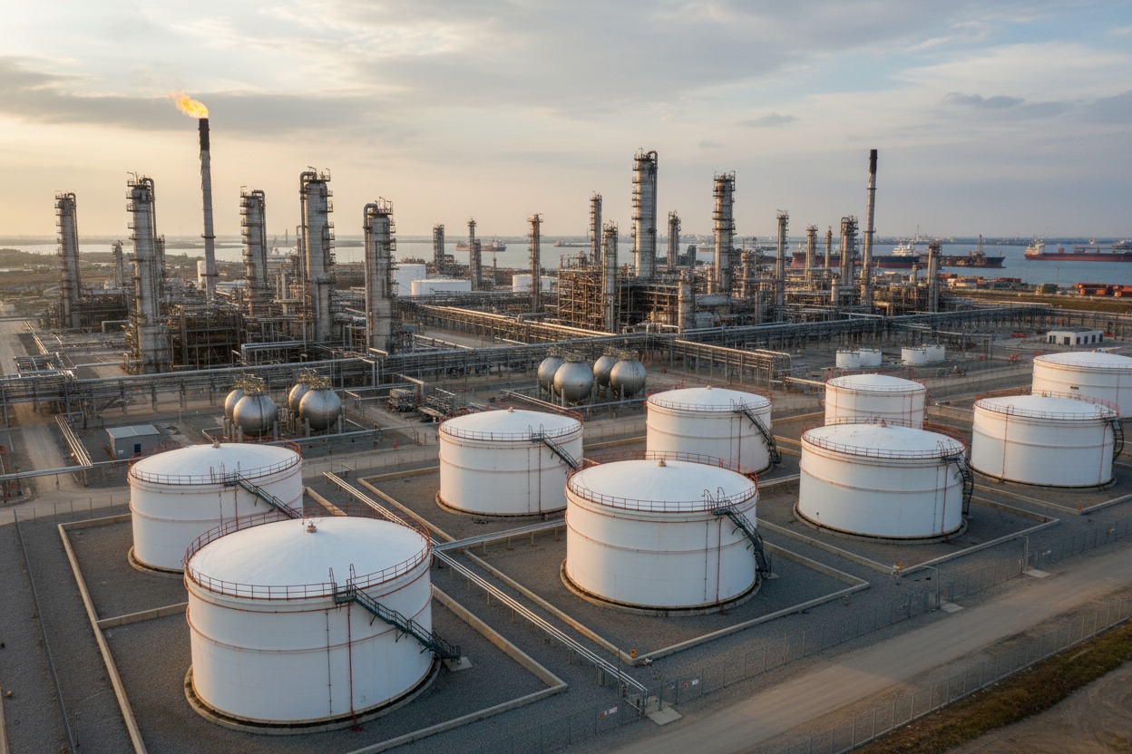 Professional oil refinery and diesel storage tanks at a major international fuel terminal, industrial infrastructure, pipelines, realistic photography, corporate energy sector style, no people, no logos, no text, wide composition.