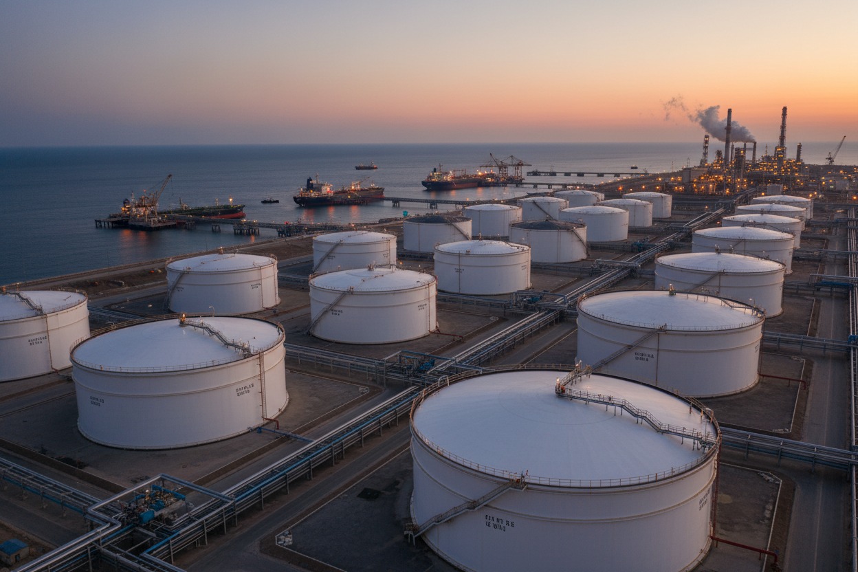 Vista aérea de una terminal de almacenamiento de petróleo con grandes tanques blancos junto al mar durante el atardecer.