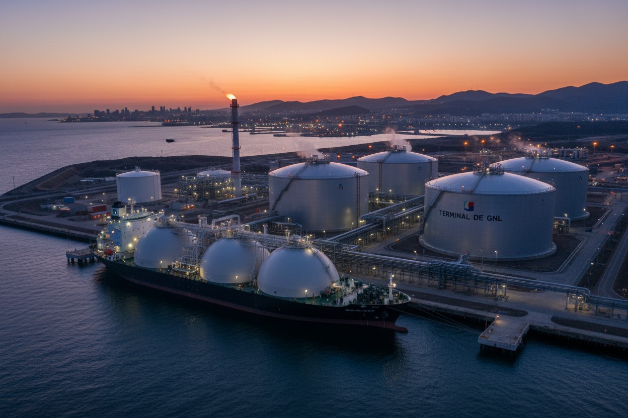 Un buque metanero está atracado en una terminal de GNL con grandes tanques de almacenamiento durante el atardecer.